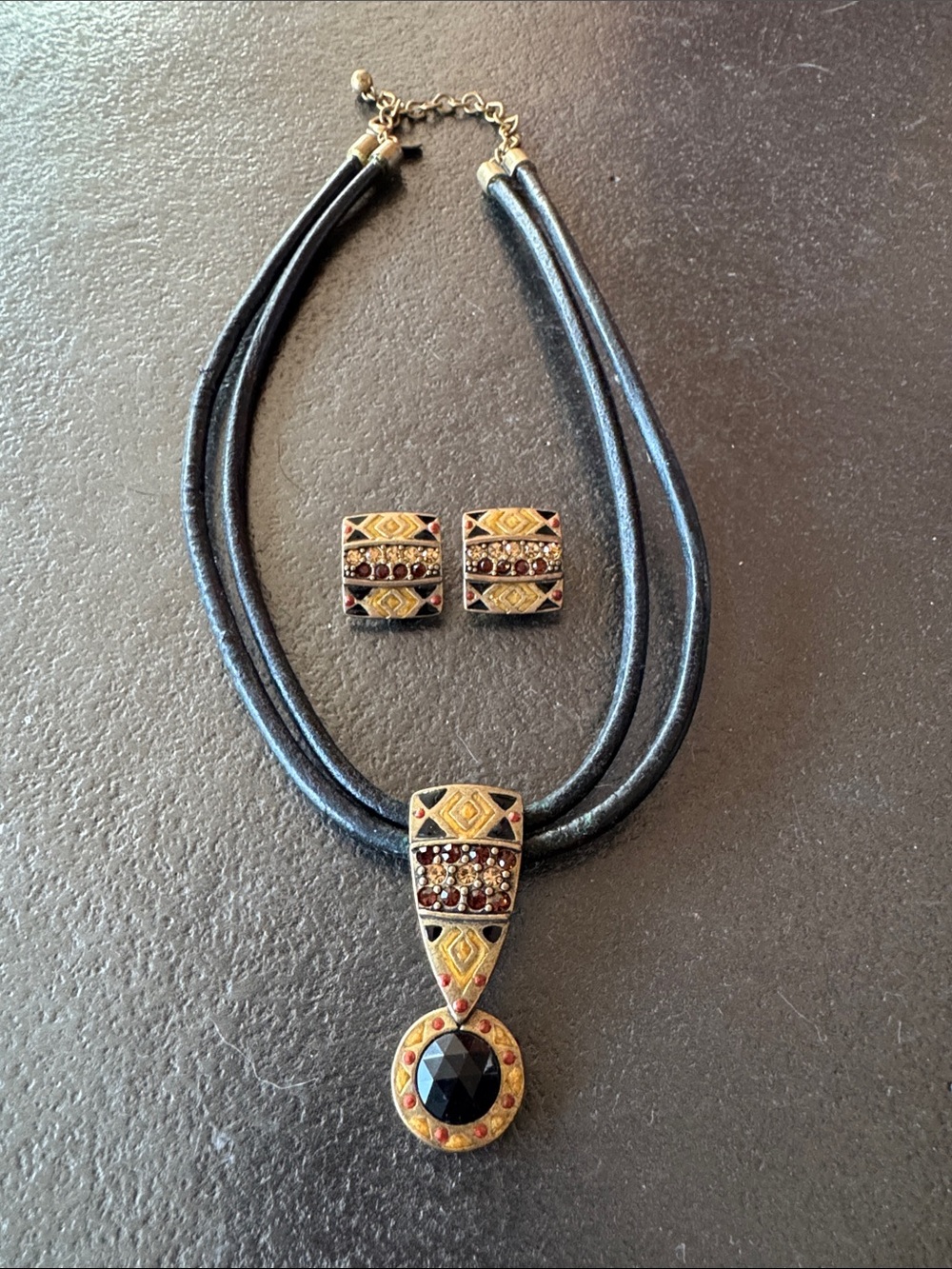 CHICO’S Black Leather Bronze & Rhinestone Drop Pendant Necklace & Earrings
